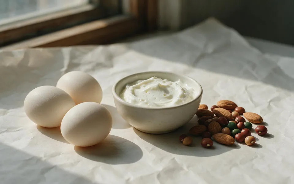 Uova, yogurt e mandorle su un piano chiaro