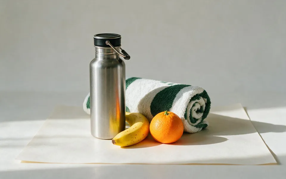 Borraccia e frutta fresca accanto a un asciugamano