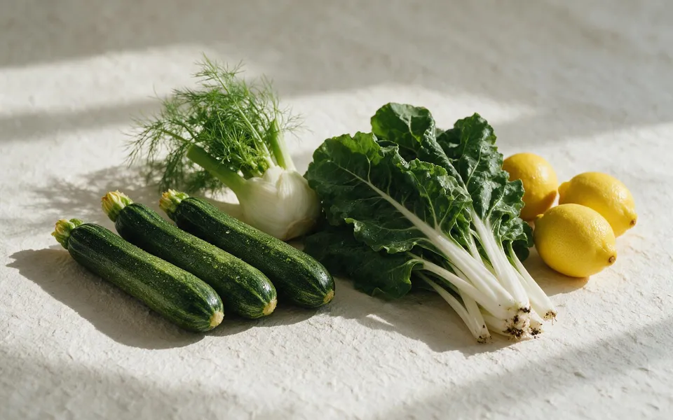 Verdure di stagione su un piano chiaro